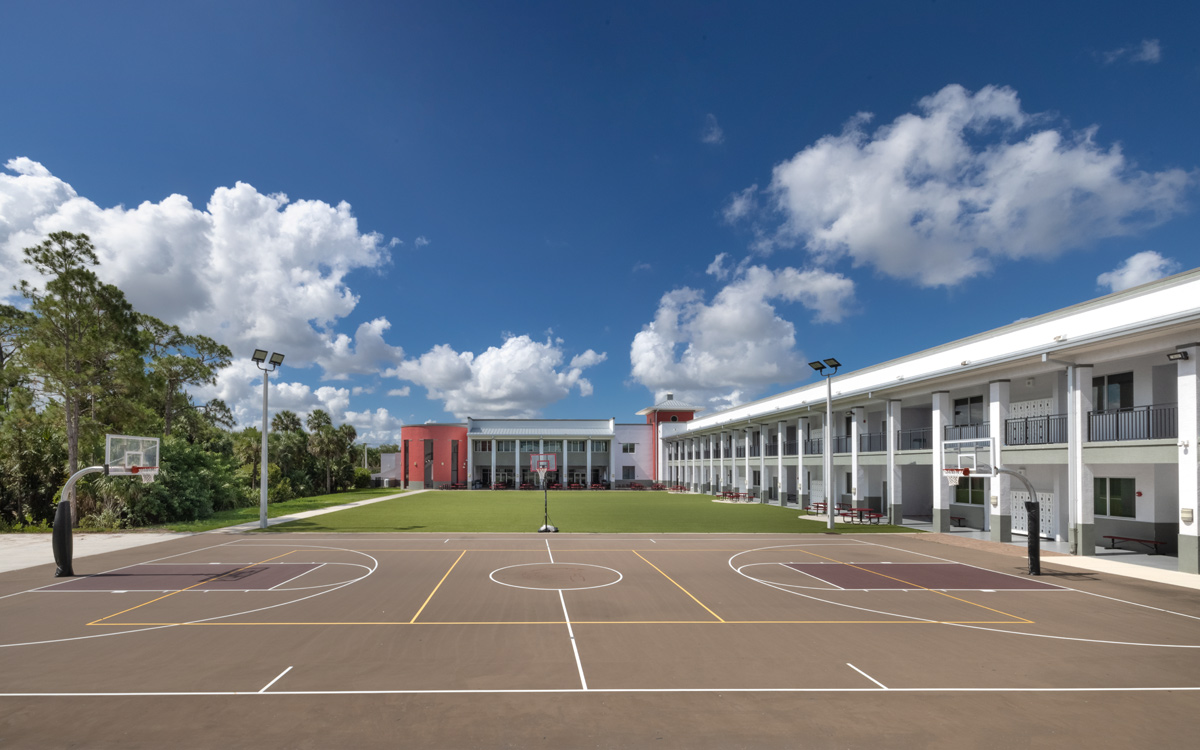 Architectural view of the courtyard at the Somerset Collegiate Preparatory Academy chater hs in Port St Lucie, FL.